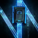 Load image into Gallery viewer, Robotic pool cleaner with blue lights on a dark background
