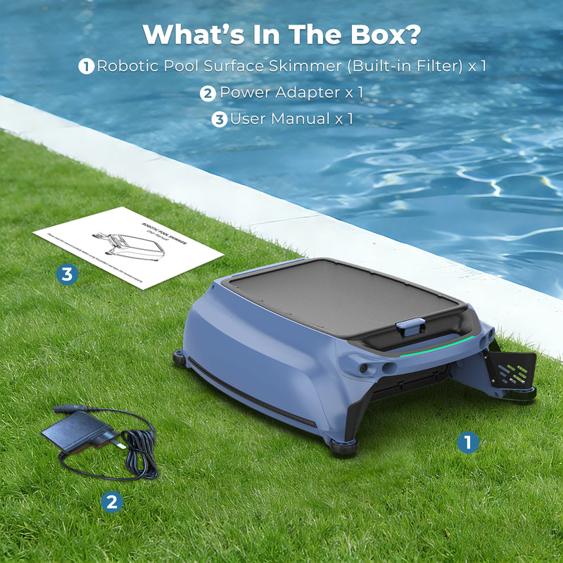 AIRROBO SP200 robotic pool skimmer operating in outdoor swimming pool with solar panel charging