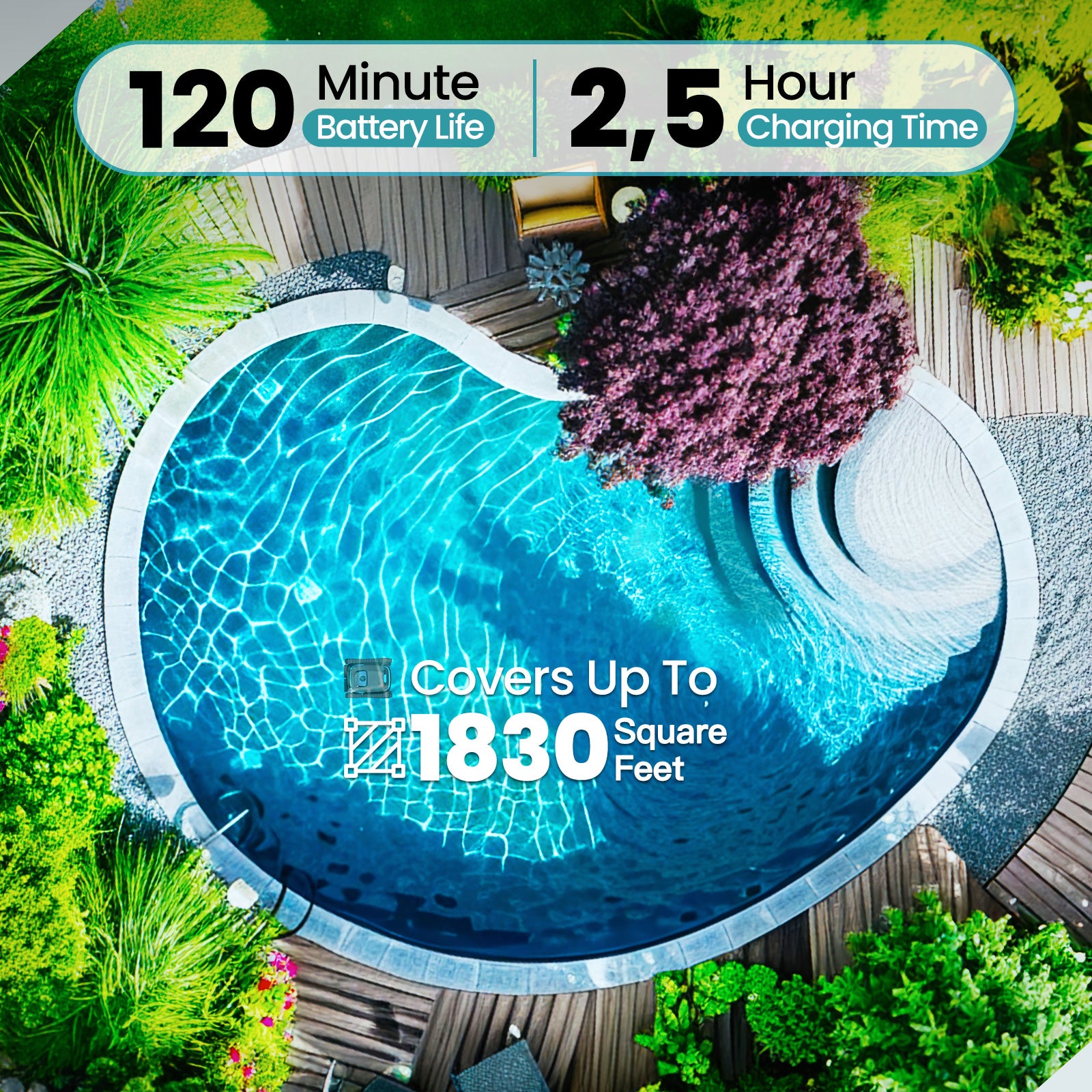 BOTLIFE PC10 Cordless Pool Robot Vacuum for Inground Pools, 5000 GPH Powerful Suction Robotic Pool Cleaner, Wall Climbing & Waterline Scrubbing, 120 Mins Runtime, Smart Navigation for Floor/Wall/Waterline