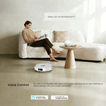 Load image into Gallery viewer, Woman using voice commands to control AIRROBO L60+ robot vacuum compatible with Alexa and Google Assistant
